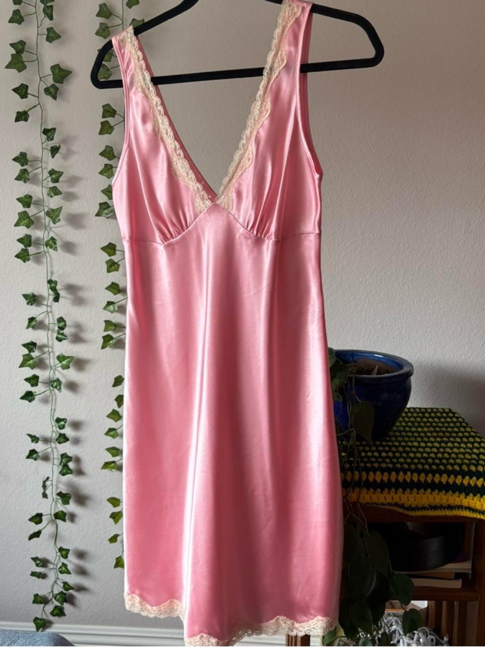 Victoria's Secret Pink Satin Chemise with Cream Lace Trim